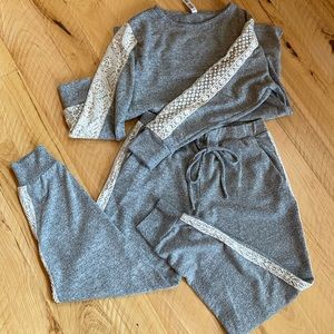 Flora Nikrooz grey with cream lace pajama set/lounge set